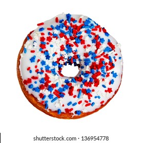 America Themed Donut With Red, White, And Blue Sprinkles And Stars Isolated On A White Background