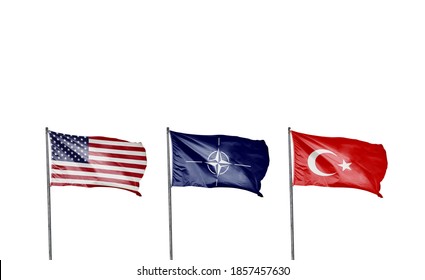 America And Turkey Flags Of The NATO Countries. Military Cooperation And Agreement, Isolated