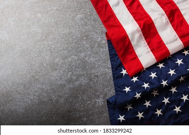 America United States Flag, Memorial Symbolizing And Thank You Of Hero, Studio Shot With Copy Space Concrete Board Background, US Veterans Or Independence Day Concept