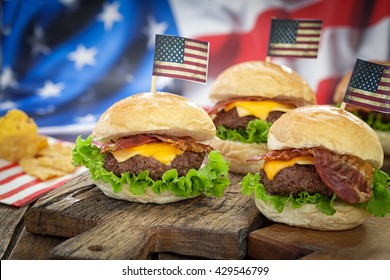 American 4th of July Cheeseburgers with background flag