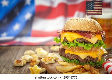 American 4th of July Cheeseburgers with copy space