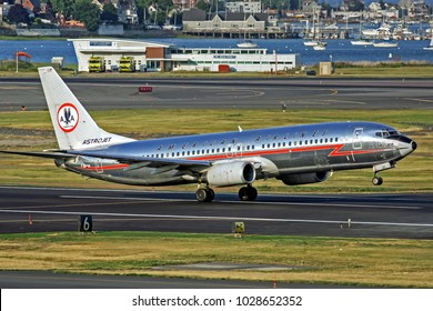 American Airlines Vintage Retro Boeing 737 Jet Plane Takes Off From The Runway In Color Logo Design From The 1950's - Logan Airport Boston, Massachusetts USA - June 6, 2008