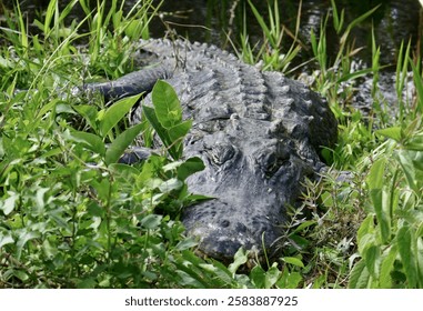 American alligator resting in dense green vegetation near water