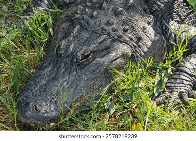 American Alligator Resting on Grass in Natural Habitat. Close-up of an American alligator resting on lush grass, highlighting its textured armored skin and natural surroundings