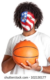 American Basketball Fan With The USA Flag Painted On His Face - Isolated