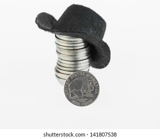 American Bison Nickel Reverse Close Up Of The 2005 Westward Journey Nickel Series   And Cowboy Hat On A Stack Of Nickels At The Background