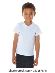 American Boy In Sportwear On White Background. Mixed Kid In White T-shirt. Handsome Kids. Sporty Children. 