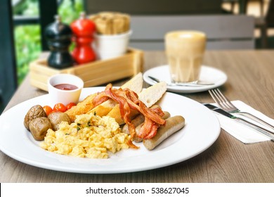 American Breakfast Sausage Bacon Scrambled Eggs Hash Browns