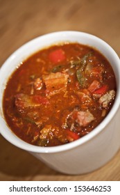 American Brisket Chili In A White Bowl