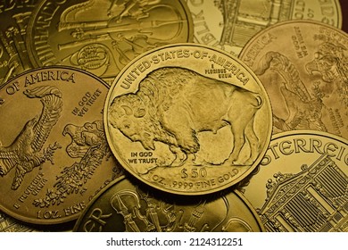 American Buffalo Gold Coin On Stack Of Other Gold Coins, American Eagle