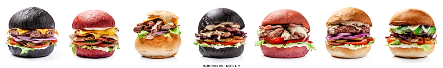 American Burgers From Black, Red Bread. With Meat Patty, Cheddar Cheese, Lettuce, Tomato And Sous, Burgers On A White Background. Vegan Burger With Avocado. Isolates The Image For The Menu.