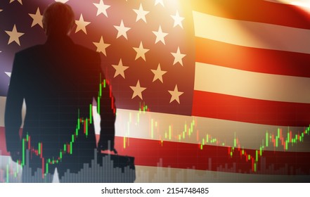 American business. US investments. USA trading, American stock exchange. Businessman stands with his back against the background of the flag of United States of America. Investor and stock quotes. - Shutterstock ID 2154748485