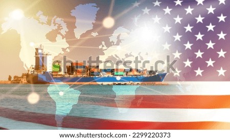 American cargo ship. Marine ship with containers. Sea export to USA. Ships for transporting goods across ocean. Sea import from USA. Transportation of American goods by ocean. USA cargo ship.