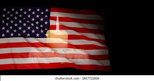 American Celebration - United States Of America Flag And Funeral White Roses Flower With A Burning Candle On The Blurred Background. USA American National Flag For Memorial Day, July 4th, Labor Day 