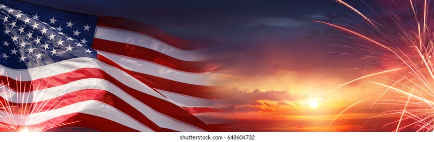 American Celebration - Usa Flag And Fireworks At Sunset
