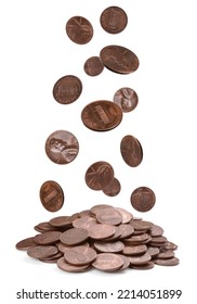 American Cent Coins Falling Into Pile On White Background