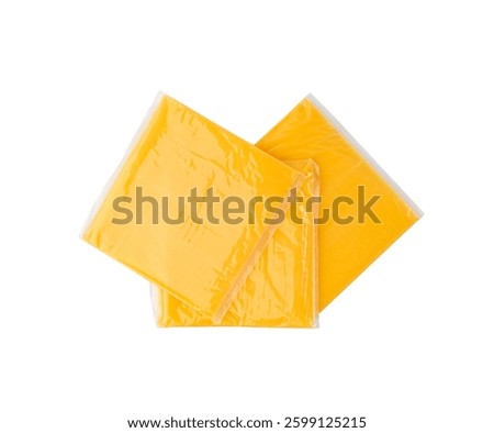 American cheese isolated, processed cheese slice, wrapped thin yellow cheddar in a plastic package for toast and sandwich on white background