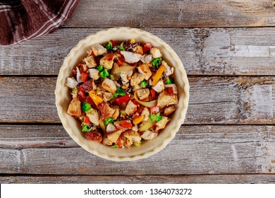 American Chicken Pot Pie In The Baking Dish On The Table. Horizontal View From Above