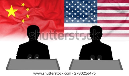 The American and Chinese flags flutter in the wind on the press conference podium, highlighting the figures of political representatives or spokespeople. This concept image symbolizes statements from government leadership, international relations, diplomatic missions, strategic political alliances, or national policies. It can be used as a news report or background image, or for election campaigning.