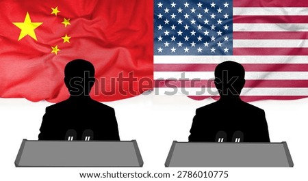 The American and Chinese flags flutter in the wind on the press conference podium, highlighting the figures of political representatives or spokespeople. This concept image symbolizes statements from government leadership, international relations, diplomatic missions, strategic political alliances, or national policies. It can be used as a news report or background image, or for election campaigning.