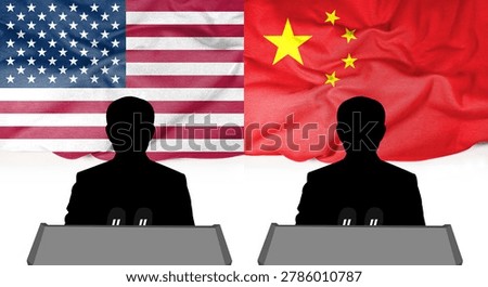 The American and Chinese flags flutter in the wind on the press conference podium, highlighting the figures of political representatives or spokespeople. This concept image symbolizes statements from government leadership, international relations, diplomatic missions, strategic political alliances, or national policies. It can be used as a news report or background image, or for election campaigning.
