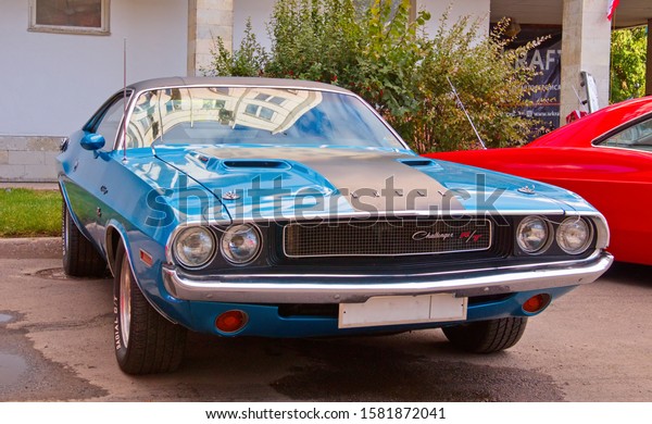 American\
clasical muscle car Dodge Challenger 1970 on Original Meet Show.\
Russia, St. Petersburg, September 7,\
2019.