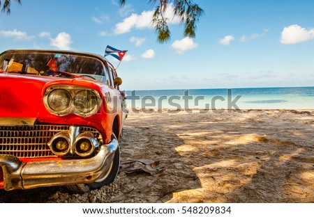 American classic car on the beach Cayo Jutias, Province Pinar del Rio, Cuba