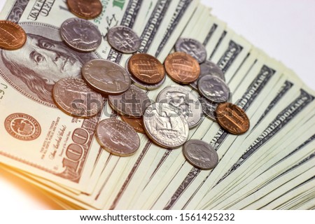 American coins on dollar usa background. Finance and money concept