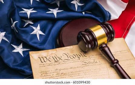 American Constitution - We The People With USA Flag And Judge Gavel