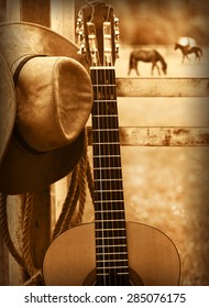 American country music background with cowboy hat and guitar