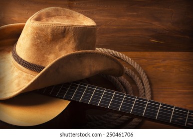 American Country Music Background With Guitar And Cowboy Hat