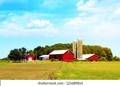American Countryside Red Farm With Blue Sky - Shutterstock ID 125689814