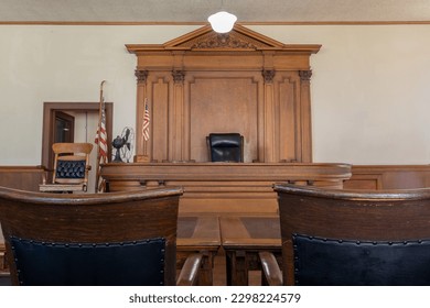 American courtroom. justice and law. chairs and judge table - Shutterstock ID 2298224579