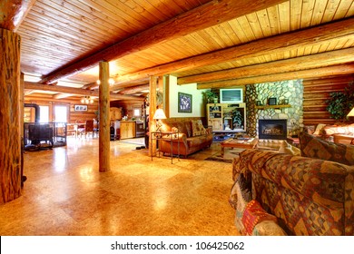 American Cowboy Log Cabin Living Room Interior.