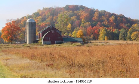 American Dairy Farm Barn And Outbuildings In Autumn Wisconsin