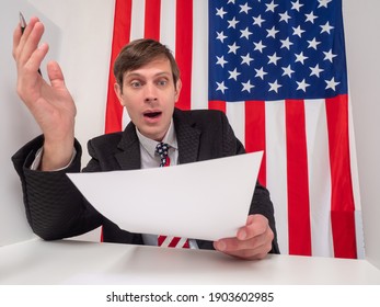 American Dissatisfied With Bureaucracy. He Is Surprised To See A Letter From US Administration. Concept - Letters From Government Agencies In America. Businessman Received Letter From US Government