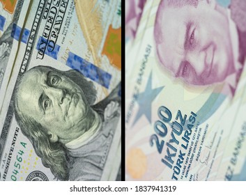 American dollar and Turkish lira. Separated by a black stripe. Macro detail shooting - Shutterstock ID 1837941319