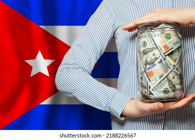 American Dollars Cash Money In Hand On Cuban Flag Background