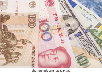 American Dollars, European Euro,Swiss Franc,Chinese Yuan And Russian Ruble Bills  