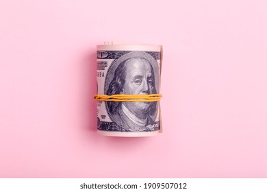 American Dollars On A Pink Background. American Rescue Plan, USA Relief Program, Stimulus Check, Act Of 2021 Concept. Money, Business, Profit And Livelihood Idea