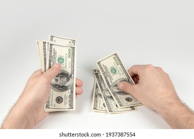 American Dollars Or US Dollars: Hand Counting One Hundred American Money Or 100 USD.