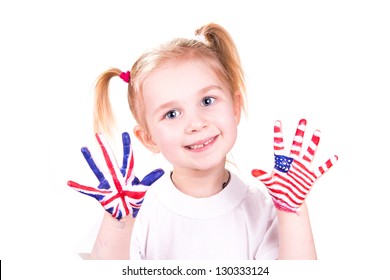 American and English flags on child's hands. Learning English language concept.