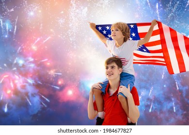 American Family Celebrating 4th Of July. People Watching Independence Day Fireworks Holding US Flag. Proud USA Kids Cheer And Celebrate. Child With America Symbol. National Holiday Party.