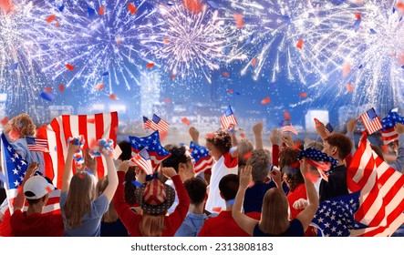 American family celebrating 4th of July. People watching Independence Day fireworks holding US flag. Proud USA crowd cheer and celebrate. Group with America symbol. National holiday party. - Powered by Shutterstock