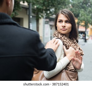 american family couple having argue on city street in autumn day - Shutterstock ID 387152401