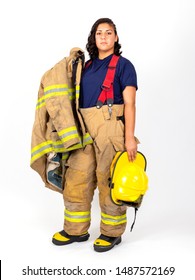 American Female Fire Fighter With Fire Gear