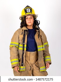 American Female Fire Fighter With Fire Gear