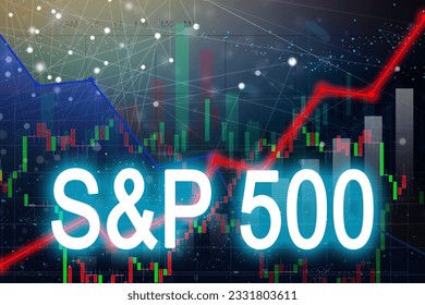 American financial market index S and P 500 (ticker SPX) on blue finance background from numbers, graphs, candles, lines. Trend Up, Down, Flat. Stock market concept