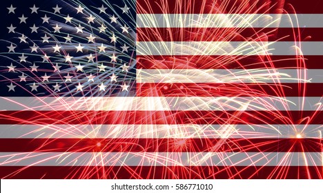 American Flag Against Fireworks