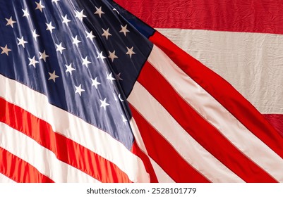 American flag background. Close-up of the American flag displayed at the New York Stock Exchange on Wall Street. USA.
